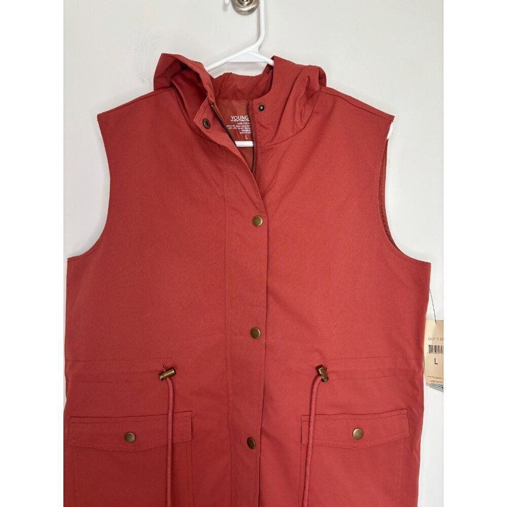 MODA GOODS NEW Vest Womens L Rust Drawstring Hood Pockets Hike Spring Active